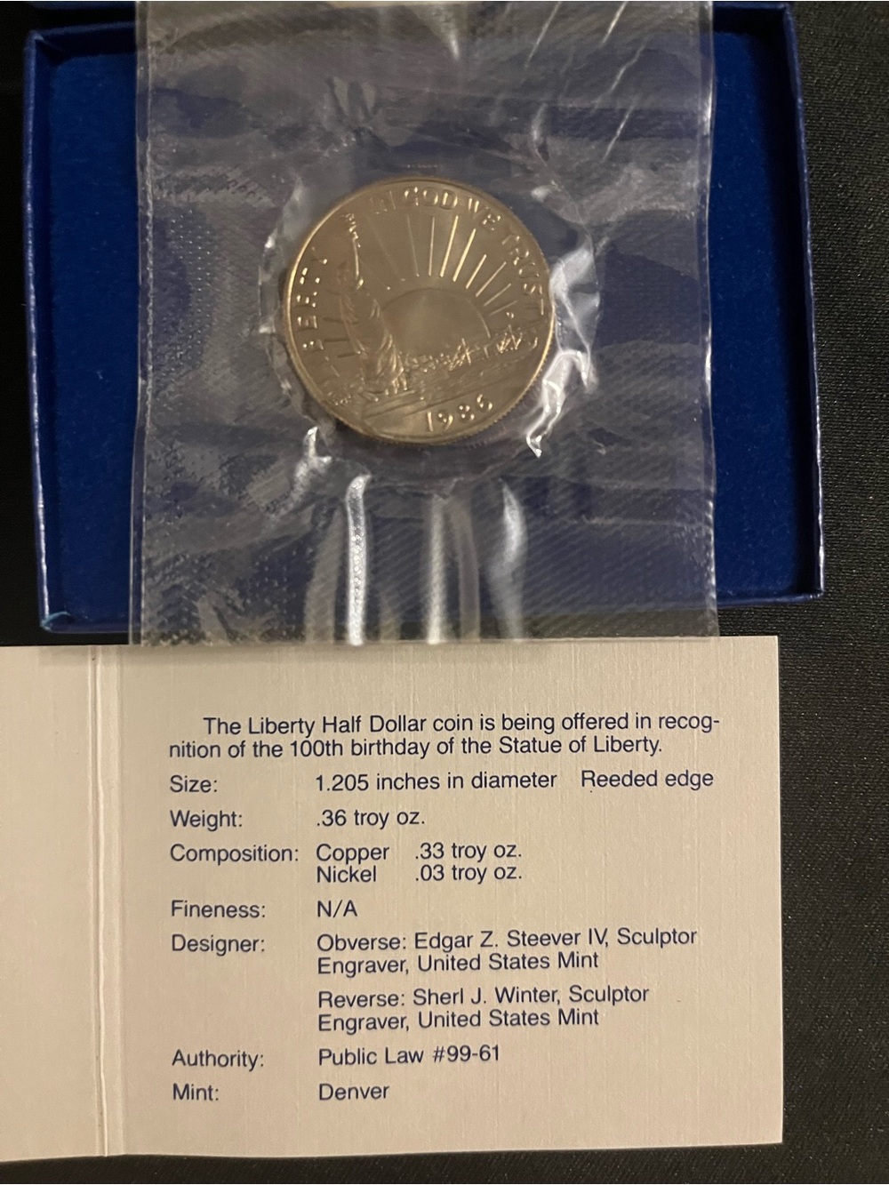 Liberty Half Dollar Commemorative Coin - Blue Presentation